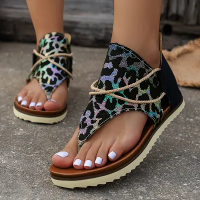 Summer Women Casual Plus Size Leopard Heeled Zip Flat Thong Sandals