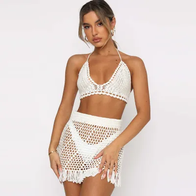 Summer Women Fashion Sexy Halter Neck Knitted Crop Camisole Tassel Cutout Skirt Two-Piece Set