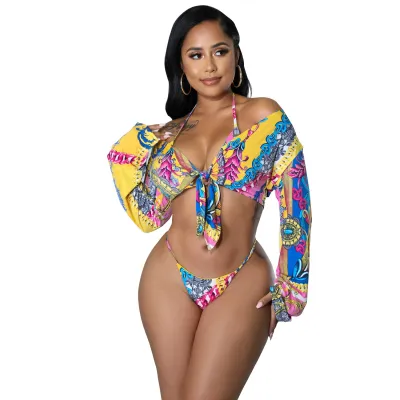 Women Sexy Print Lace-Up Bikini Three-Piece Set