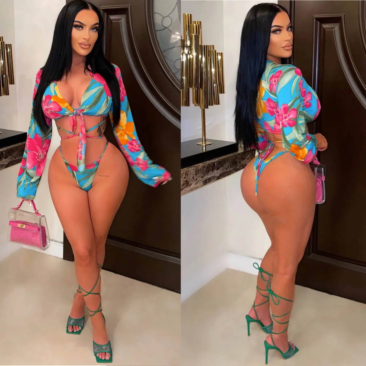 Women Sexy Print Lace-Up Bikini Three-Piece Set