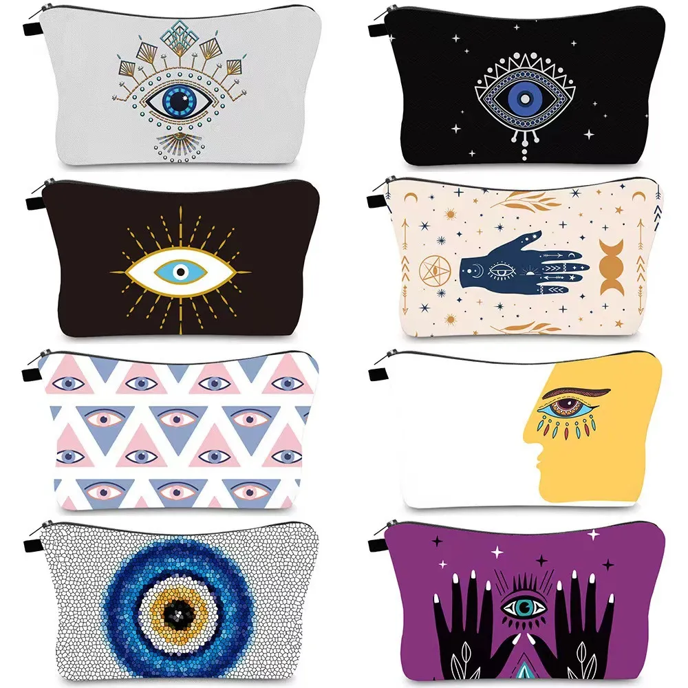 Women Simple Fashion Evil Eye Printing Linen Portable Wash Cosmetic Bag