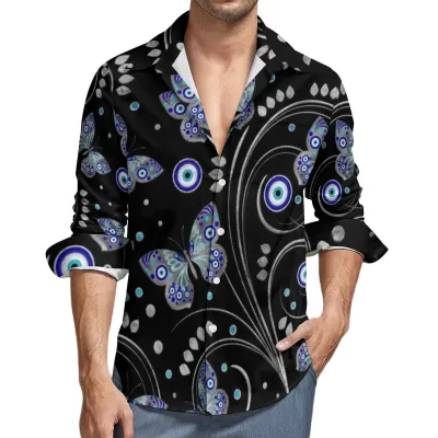 Men Fashion Casual Evil Eye Print Lapel Long Sleeve Shirt Loose Fit