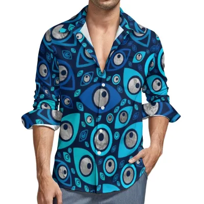 Men Fashion Casual Evil Eye Print Lapel Long Sleeve Shirt Loose Fit