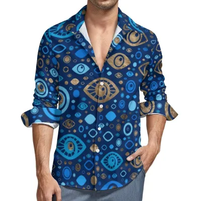 Men Fashion Casual Evil Eye Print Lapel Long Sleeve Shirt Loose Fit