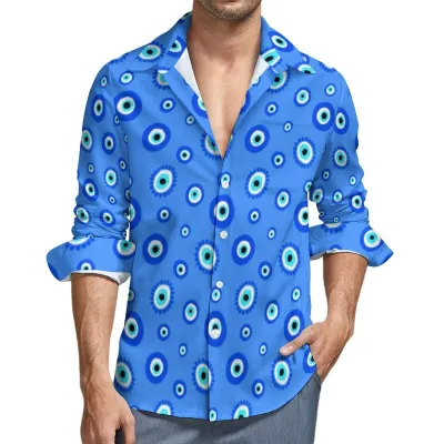 Men Fashion Casual Evil Eye Print Lapel Long Sleeve Shirt Loose Fit