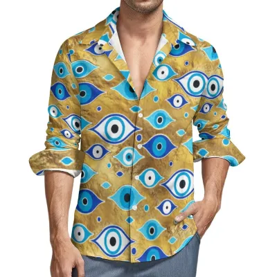 Men Fashion Casual Evil Eye Print Lapel Long Sleeve Shirt Loose Fit