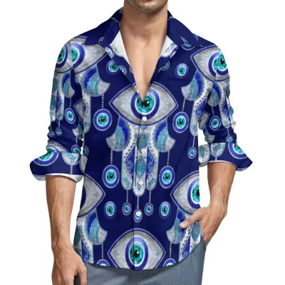 Men Fashion Casual Evil Eye Print Lapel Long Sleeve Shirt Loose Fit