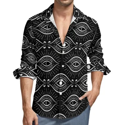 Men Fashion Casual Evil Eye Print Lapel Long Sleeve Shirt Loose Fit