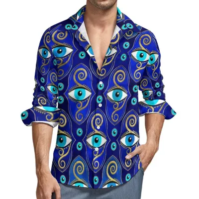 Men Fashion Casual Evil Eye Print Lapel Long Sleeve Shirt Loose Fit