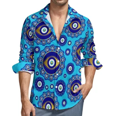 Men Fashion Casual Evil Eye Print Lapel Long Sleeve Shirt Loose Fit