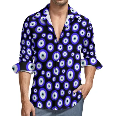 Men Fashion Casual Evil Eye Print Lapel Long Sleeve Shirt Loose Fit