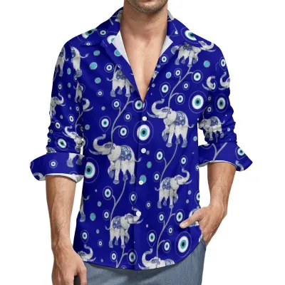 Men Fashion Casual Evil Eye Print Lapel Long Sleeve Shirt Loose Fit
