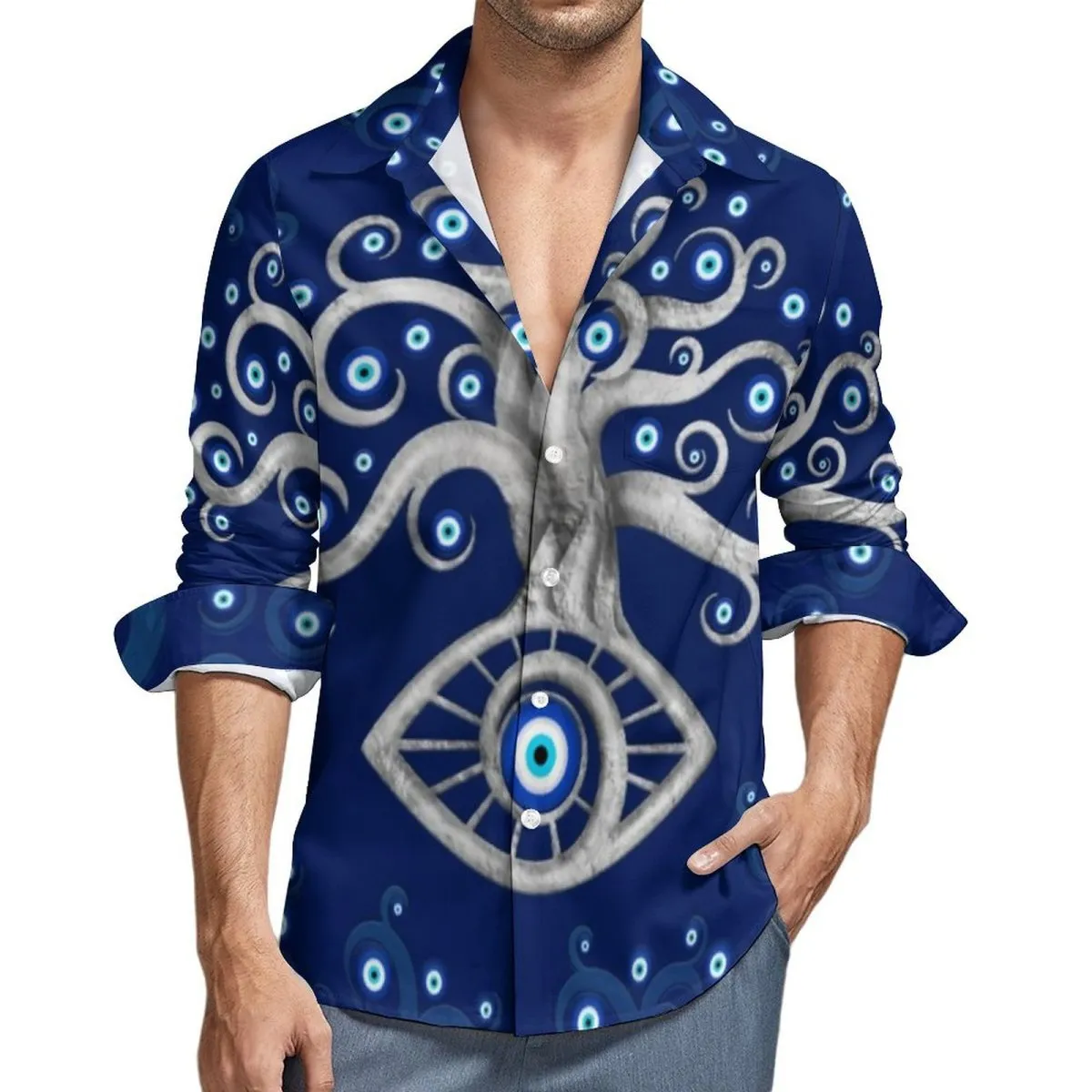 Men Fashion Casual Evil Eye Print Lapel Long Sleeve Shirt Loose Fit