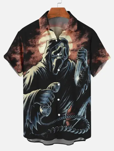 Men Fashion Evil Eye Printed Short Sleeve Shirt Top Loose Fit Lapel