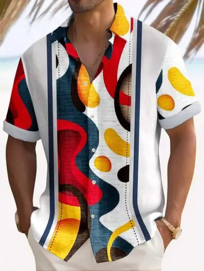 Men Fashion Evil Eye Printed Short Sleeve Shirt Top Loose Fit Lapel
