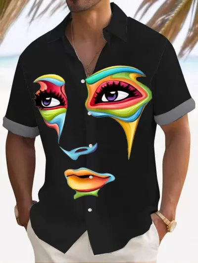 Men Fashion Evil Eye Printed Short Sleeve Shirt Top Loose Fit Lapel