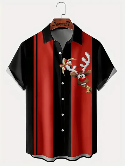 Men Fashion Evil Eye Printed Short Sleeve Shirt Top Loose Fit Lapel