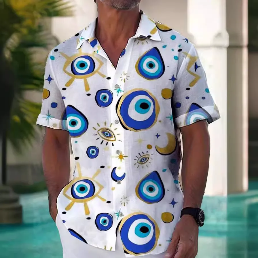 Men Fashion Evil Eye Printed Short Sleeve Shirt Top Loose Fit Lapel