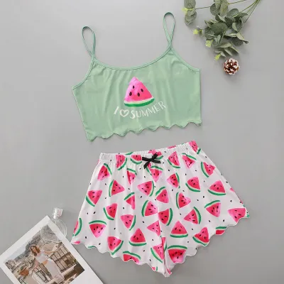 Women's Watermelon Print Pajama Set - Sleeveless Round Neck Shorts