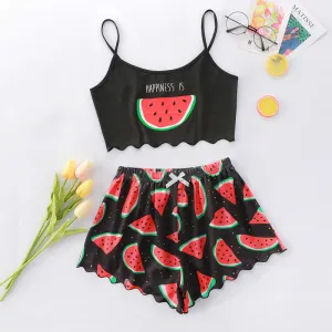 Women's Watermelon Print Pajama Set - Sleeveless Round Neck Shorts