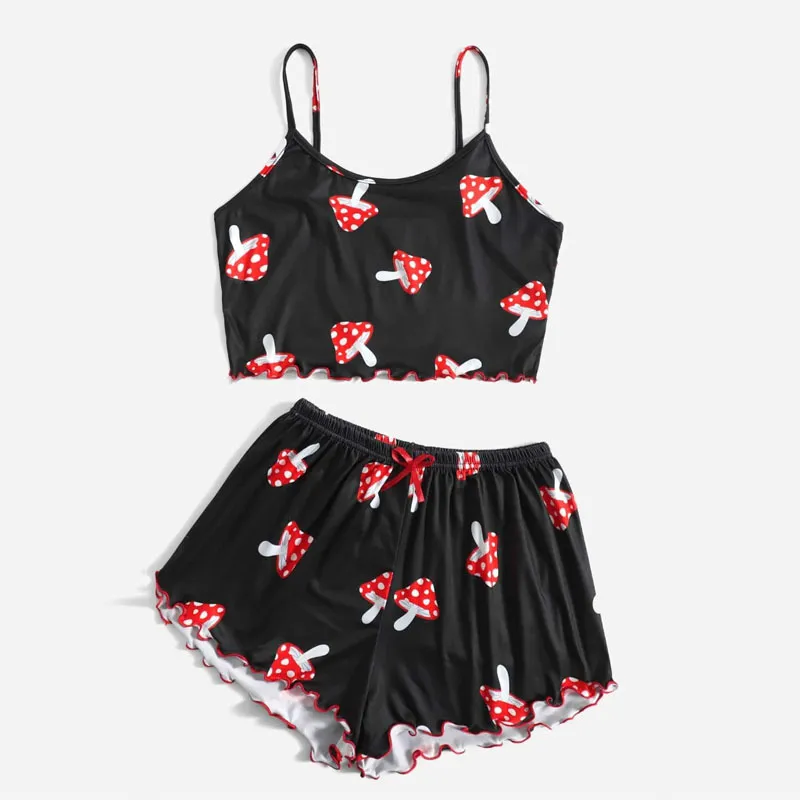 Women's Mushroom Print Pajamas Set - Milk Fiber, Sleeveless Top and Shorts