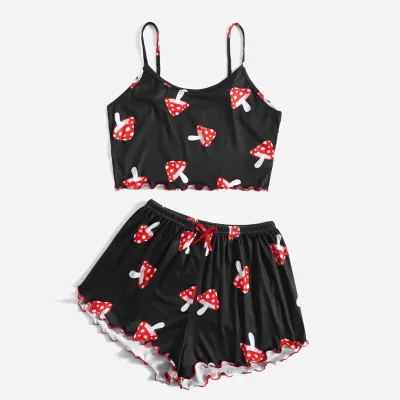 Women's Mushroom Print Pajamas Set - Milk Fiber, Sleeveless Top and Shorts
