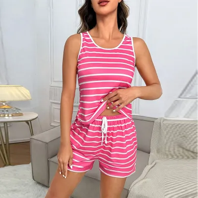 Women Casual Stripe Print Pajamas Two-Piece Set