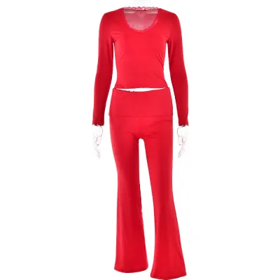 Women Fashion Solid Color Lace Long Sleeve Crop Top Pants Two-Piece Set