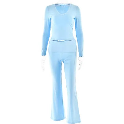 Women Fashion Solid Color Lace Long Sleeve Crop Top Pants Two-Piece Set