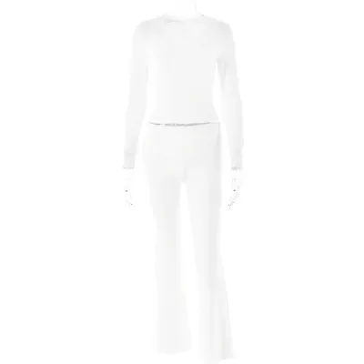 Women Fashion Solid Color Lace Long Sleeve Crop Top Pants Two-Piece Set