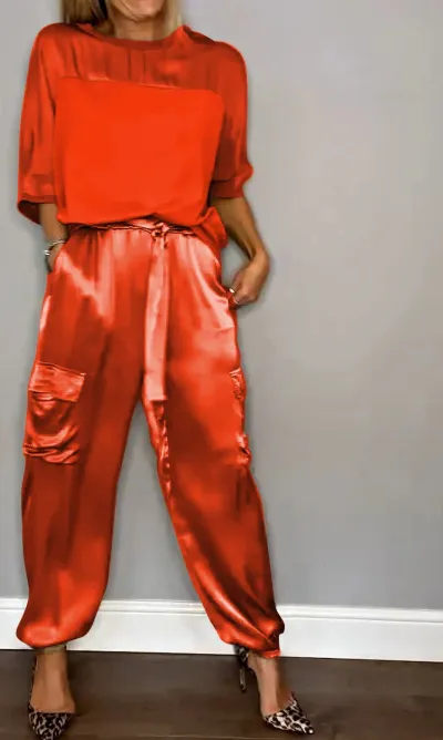 Women Fashion Solid Color Smooth Satin Short Sleeve Top Pants Two-Piece Set