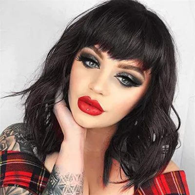 Women Fashion Short Curly Hair Wig Exotic Style High Temperature Wire Qi Bangs