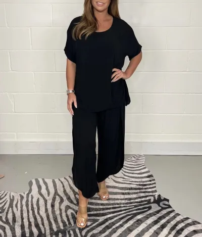Summer Women Fashion Solid Color Loose Round Neck Short Sleeve Top Pants Two-Piece Set