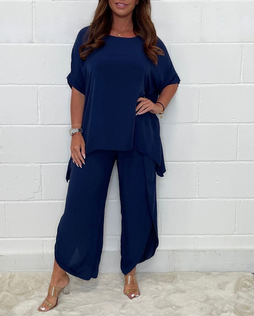 Wholesale Summer Women Fashion Solid Color Loose Round Neck