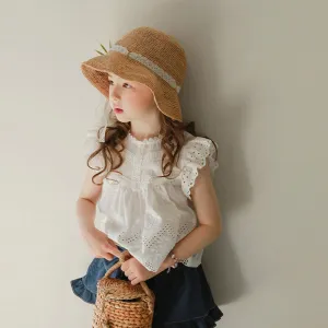 Kids Toddler Girls Casual Cute Solid Color Hollow Lace Cap Sleeve Round Neck T-Shirt