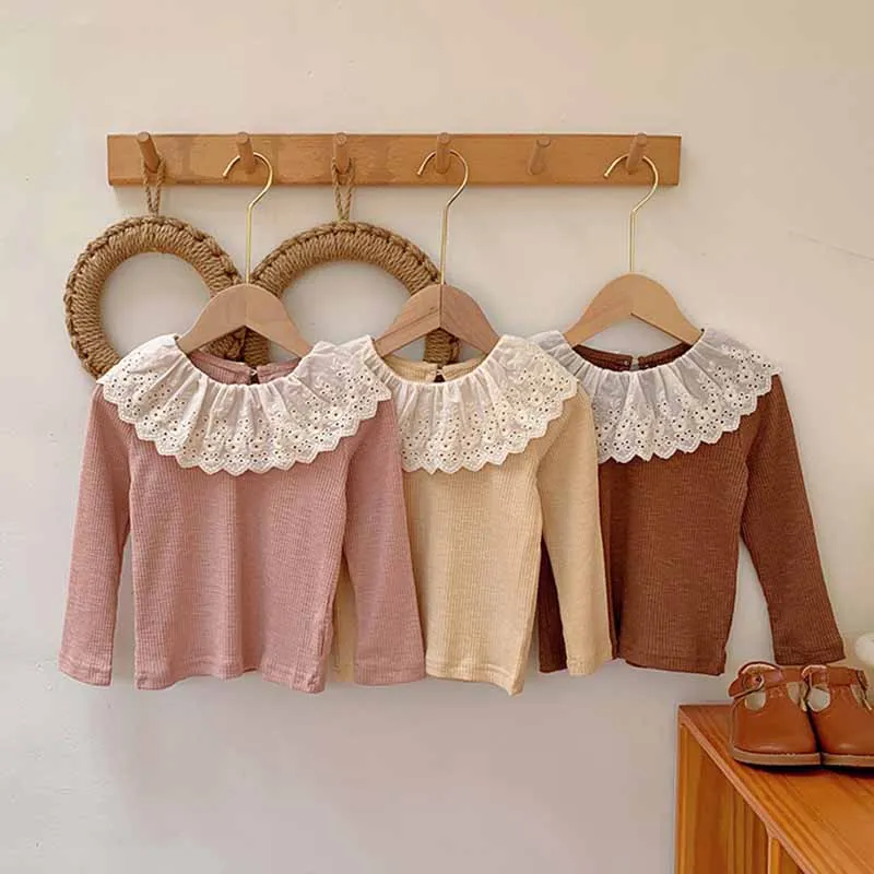 Kids Toddler Girls Spring Autumn Casual Hollow Peter Pan Collar Long Sleeve Cotton T-Shirt