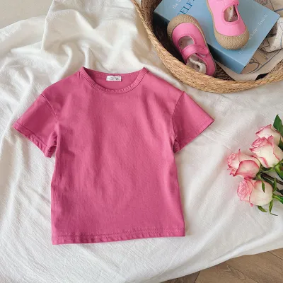 Kids Toddler Boys Girls Casual Soft Cotton Solid Color Short Sleeve Round Neck T-Shirt