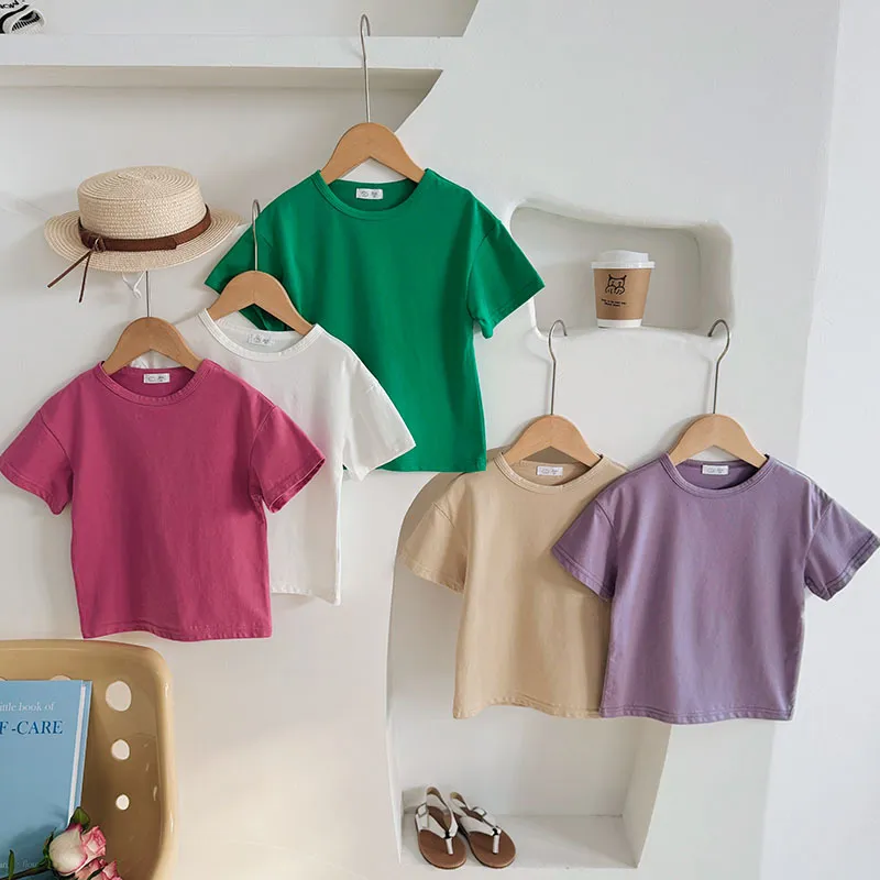 Kids Toddler Boys Girls Casual Soft Cotton Solid Color Short Sleeve Round Neck T-Shirt