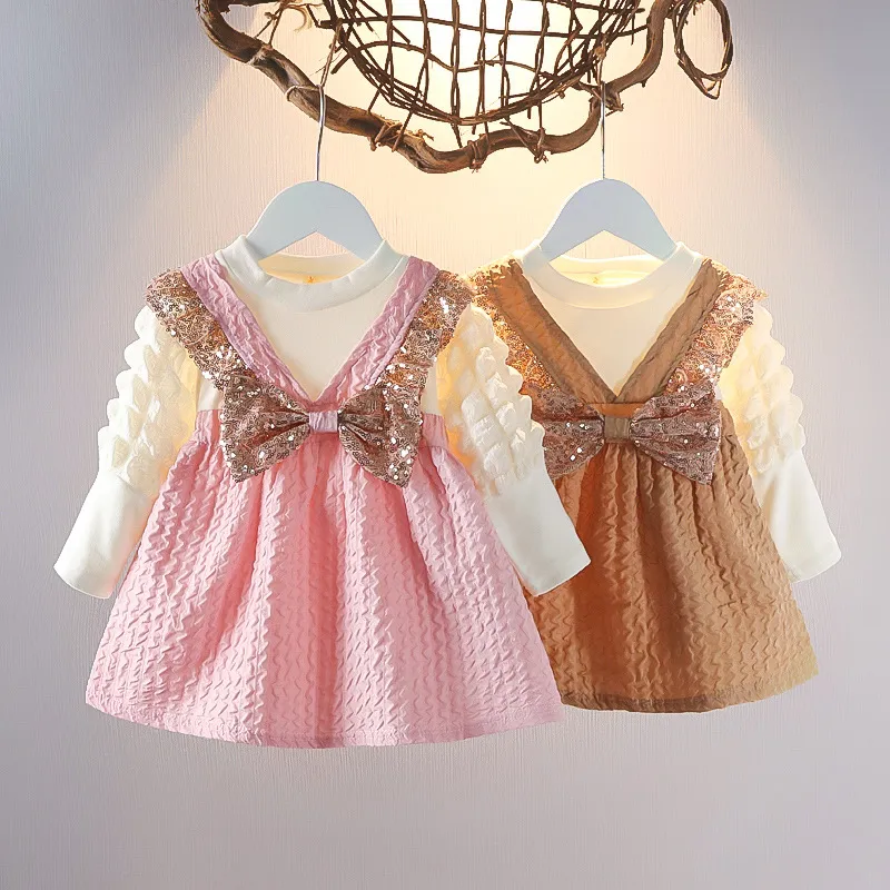 Children's Baby Girls Casual Cute Bow Long Sleeve False Two-Piece Princess A-Line Cotton Dress