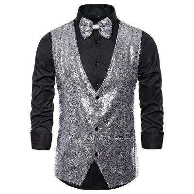 Men Fashion Casual Party Sequins Sleeveless Vest V-Neck Solid