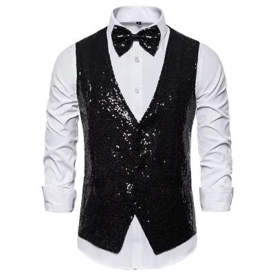 Men Fashion Casual Party Sequins Sleeveless Vest V-Neck Solid