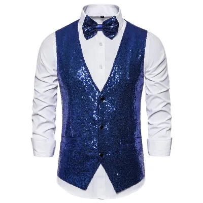 Men Fashion Casual Party Sequins Sleeveless Vest V-Neck Solid