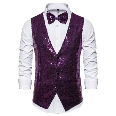 Men Fashion Casual Party Sequins Sleeveless Vest V-Neck Solid