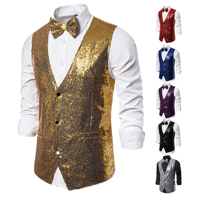 Men Fashion Casual Party Sequins Sleeveless Vest V-Neck Solid