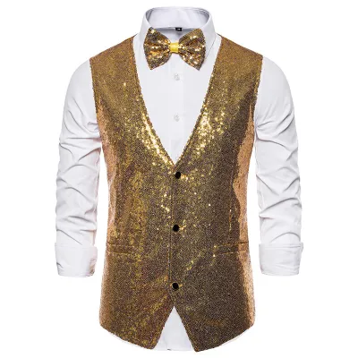 Men Fashion Casual Party Sequins Sleeveless Vest V-Neck Solid
