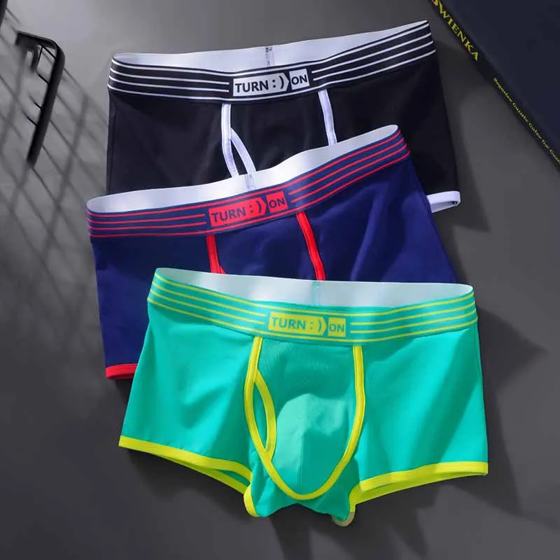 Men Casual Simple Letter Stripe Print Cotton Mid Waist Boxer Pants