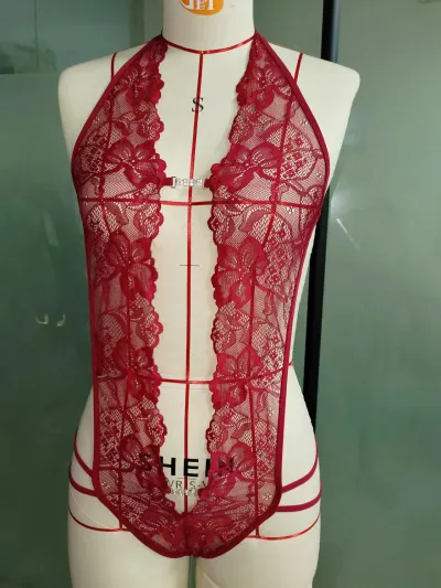 Women Fashion Sexy Deep V Backless Lace Mesh Bodysuits