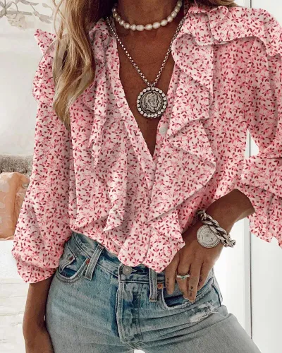 Women Fashion Ruffled Long Sleeve Blouses