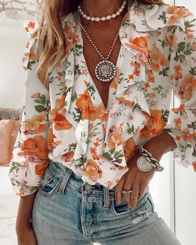 Women Fashion Ruffled Long Sleeve Blouses