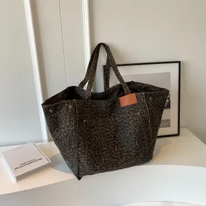 Women Leopard Printed Canvas Tote Bag with Large Capacity